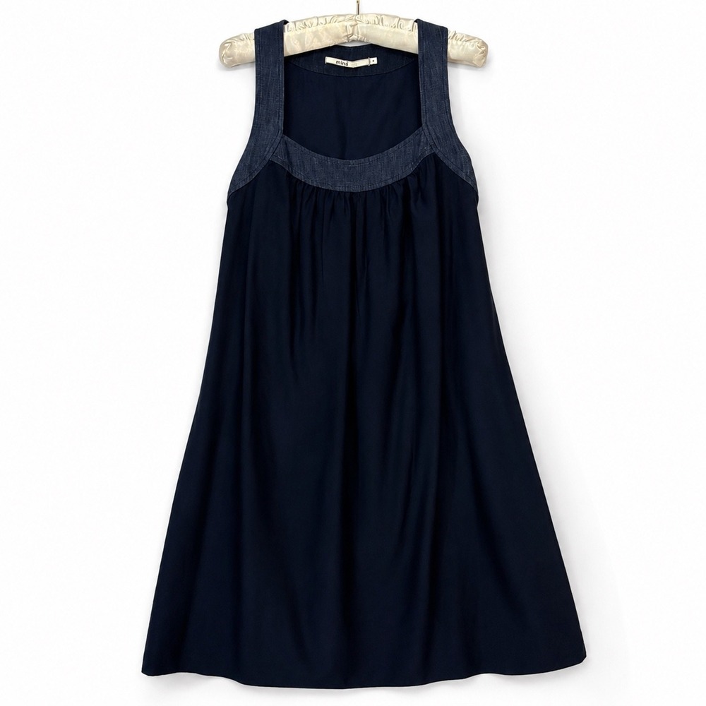 Mint Dress Women 4 Navy Blue Denim Silk Blend Sleeveless Shift Midi Pockets - Picture 2 of 12